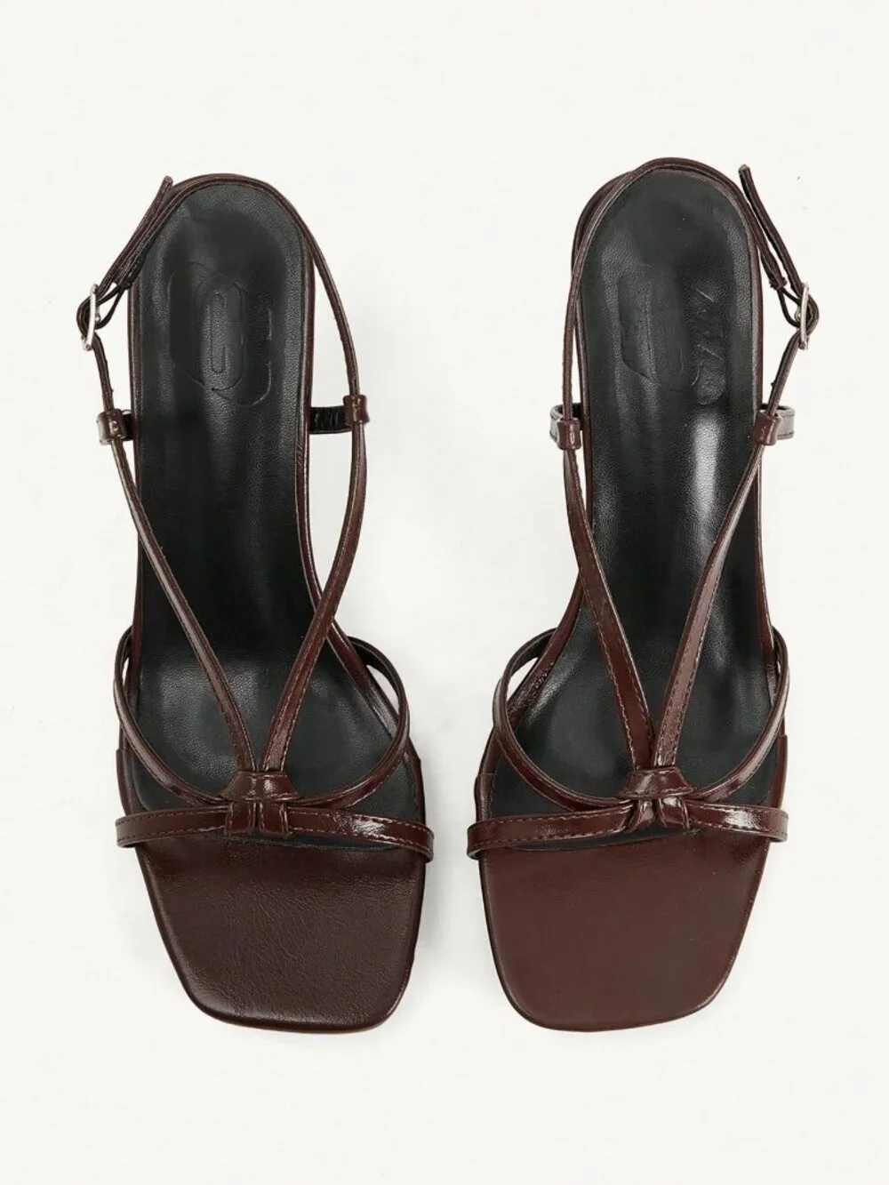 Brown Casual Women's Strap Open-Toed Square-Toe Stiletto Faux Leather Heels